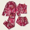 Vêtements de nuit pour femmes été robe pour femmes 4 pièces pyjama en soie costume impression florale vêtements de nuit pyjamas femme à manches longues hauts salon