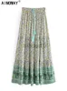 Kjolar vintage chic mode hippie kvinnor strand bohemisk grön blommig tryck pindrad kjol elastisk midja a-line boho maxi kjolar femme j230621