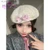 Mikumn Harajuku Y2k Women Beret Hats Fashion Lovely Pink Bow Cross Rivet White Beanie Hat Chic Streetwear L230523