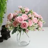 Dekorativa blommor Rose Pink Silk Bouquet Peony Artificial Flower 5 Big Head 4 Small Bud Bride Wedding Home Decoration Fake