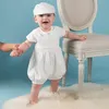 Neue Baby Jungen Taufe Strampler Kinder weiß Lange Taufe Overall mit Hut Formale Jungen Geburtstag Kleinkind Kleidung