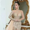 Luxurious Lace Sparkly Mermaid Evening Arabic Sheer Long Sleeves Beaded Prom Dresses Vintage Formal Party Gown