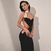 Women Party Halter Hollow out Dress Solid Color Halter Backless Bodycon Midi Dress