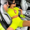 Women's Tracksuits escent Green European and American Style Summer Fresh Sexy Short Sleeve Open Umbilical Top Lifting Hip Shorts Set 230621