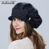 Joshuasilk Winter Vrouwen Muts Met Vizier Gebreide Mode Angora Wollen Muts Vlinder Decoratie Dubbele Warme Muts L230523