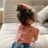 T Shirts 2023 Summer Korean Style Baby Girls Striped Bowknot Backless Puff Sleeve Tops Toddlers Kids Tees 230620