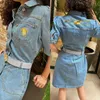 Designer Denim Robes Femmes Casual Lapel Neck Broderie Imprimer Midi Dress Free Ship