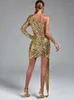 Casual Dresses Sequined Evening Party Dress Women Gold BodyCon Elegant Sexig One Shoulder Draped Birthday Club Outfits 2023 Fashion