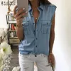 T-shirt da donna Giacca di jeans da donna Stile estivo Casual Tracolla allentata Bottone Senza maniche Tasca a pieghe Camicia da lavoro Vestidos De