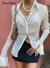 Femmes Blouses Chemises Forefair 2021 Automne Femmes Sexy T-shirts Vintage Mode Col En V Bouton Y2k Voir À Travers Blanc Casual À Manches Longues Top Dames J230621