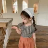 T Shirts 2023 Summer Korean Style Baby Girls Striped Bowknot Backless Puff Sleeve Tops Toddlers Kids Tees 230620