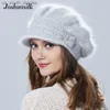 Joshuasilk Winter Vrouwen Muts Met Vizier Gebreide Mode Angora Wollen Muts Vlinder Decoratie Dubbele Warme Muts L230523