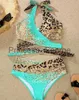 Women's Plus Size Swimwear Leopard Print Crisscross Halter Bikini Set 2023 Summer Women's Swimwear Sexy Lace Up Two Piece Beach Suit Holiday x0621