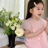 Fille robes coréenne enfants robe 2023 été mignon filles rose manches bouffantes maille princesse enfant en bas âge fête d'anniversaire enfants vêtements