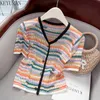Kobiety Dzienniki Kobiety Rainbow Stripe pusta lodowy jedwabny swetra Kobiety Summer V-Dockthin Lose krótkie rękawowe sztandarki