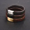 Bracelets porte-bonheur Jiayiqi hommes Bracelet en cuir tressé en acier inoxydable fermoir magnétique Bracelets de mode bijoux masculins marron/noir