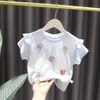 T shirts Fashion Baby Girl's Solid Color Short Sleeve Shirt Sweet Girls' Casual Clothes Cartoon Clothing Flower Decoration 230620