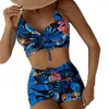 Women's Swimwear 2 Pcs/Set Women Bikini Set Flower Print V Neck High Waist Drawstring Elastic Swimming Pleated Lady Swimsuit Water Sports