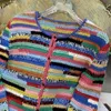 Women's Knits Tees High Quality Rainbow Striped Hand Knitwear Sweater Fall Cropped Single Breasted Knitted Cardigan Brand Luxury Vintage Coat 230620