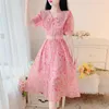 Lässige Kleider Süße Frauen Sommerkleid Umlegekragen Puffärmel Applikation Gürtel Blumendruck Chic Lady Tüll Pailletten A-Linie Vestidos