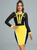 Casual Dresses Sexig Bandage Dress Party Wear för kvinnor Bodycon Elegant Yellow Mesh Insert Long Sleeve Christmas Birthday Club Outfit