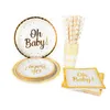 Engångstagning av containrar 31st Oh Baby Shower Party Supplies Table Set Gold Birthday Paper Plates Cup Boy Girl Kön avslöjar dekoration 230620