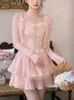 Two Piece Dress Lace Kawaii Lolita 3 Piece Set Women Summer Bow Vintage Sweet Chiffon Skirt Suit Female Korean Cute Tops Japanese Mini Skirt 230620