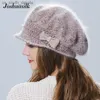 Joshuasilk Winter Vrouwen Muts Met Vizier Gebreide Mode Angora Wollen Muts Vlinder Decoratie Dubbele Warme Muts L230523