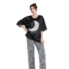 Vêtements de nuit pour femmes Noir Casual Print 2PCS Femme Pyjama Set O-Neck TopPant Ice Silk Nightwear Printemps Été Manches 3/4 Home Wear Loose