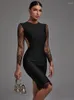 Casual Dresses Black Bandage Dress Lace Party Women Bodycon Sexig långärmad rygglös julfödelsedagsklubbutrustning 2023