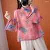 ملابس عرقية على الطراز الصيني للنساء الصيفي التقليدي تتصدر 2023 طباعة خمر قميص قميص فضفاض بلوزة رقيقة من الكتان القطن hanfu
