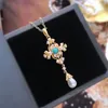 Pendant Necklaces Vintage Gold Plated Cross Pearls For Women Green Stone Inlay Retro Fashion Jewelry Wedding Party Gifts