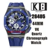 K8 Montres 26405 44mm VK Quartz Chronographe Montre Homme Lunette Bleue Fumé Cadran Bleu Bracelet Caoutchouc Gents Montres-Bracelets286h