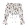 Dames Blouses Shirts Vrouwen Off Shoulder Crop Tops Dames Zomer Bloemenprint Flare Sleeve Shirts Slash Neck Bow Tassel Beach Boho Blouse #YJ J230621