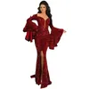 Elegante árabe Dubai Borgoña Sirena Vestidos de noche de año nuevo Lentejuelas con cuello de joya Mangas largas hinchadas Tren de barrido dividido alto Fiesta formal Vestidos de baile