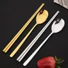 Dinnerware Sets Gold 18/10 Korean Stainless Steel Travel Chopsticks Spoon Set Long Handle Flat Dessert Spoons Fork Flatware