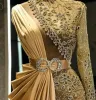 Luxurious Mermaid Gold Evening Beaded Crystals Prom Dresses High Neck Formal Party Second Reception Gowns