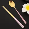 Dinnerware Sets Gold 18/10 Korean Stainless Steel Travel Chopsticks Spoon Set Long Handle Flat Dessert Spoons Fork Flatware