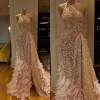 Glitter Mermaid Evening Dresses Champagne Feather Feather Side Side Plitsal Party Barty Virt