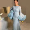 Vestidos de noite muçulmanos azuis claros 2023 barco único mangas compridas bufantes vestidos de noite chiffon sereia islâmica dubai vestido de baile formal árabe longo