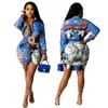 Print Shirt Dresses Women Casual Lapel Neck Long Sleeved Short Mini Dress Belt Not Included Free Ship