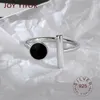 925 Sterling Zilver Geometrische Zwarte Strass Ronde Ring Vrouwelijke Koreaanse Mode Open Verstelbare Handgemaakte Paar Geschenken