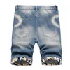 Été Casual Shorts Mode Slim Hommes Trou Déchiré Jeans Courts Bleu Genou Longueur Pantalon Droit