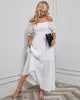 2023 Summer New Chiffon Jacquard Waist Fitted school girl off the shoulder maxi lace peplum midi dresses