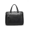 Briefcases 2023 Woven 14 Inch Laptop Bags Pu Leather Men's Briefcase Weave Male Handbags Messenger Computer Bag