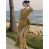 Robe Sexy Net Fleur Rouge Fleur Fragmentée Robe Longue Femmes Jaune Style Français Imprimé Floral Wrap Robe Longue Vestidos Elegantes Robe De Soirée