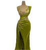 Olive Green Satin Mermaid Prom Dresses Gorgeous Arabic Aso Ebi Crystals Beading Ruched aftonklänningar Ruched Sexig Split Second Reception Dress BC14645