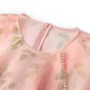 2023 Summer Pink Floral Print Waist Belted Dress 1/2 Half Sleeve Round Neck Beaded Knee-Length Casual Dresses W3L042308