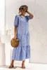 2023 Spring/Summer Bubble Sleeves Polka Dot Plaid Loose Panel Long School Girl Dress Boho Maxi Dresses