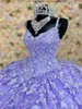 Lilas Papillon Dentelle Quinceanera Robes Bretelles Spagheti Étage Longueur Princesse Sweet 16 Robe Corset Prom Occasion Robes robes para 15 Anos